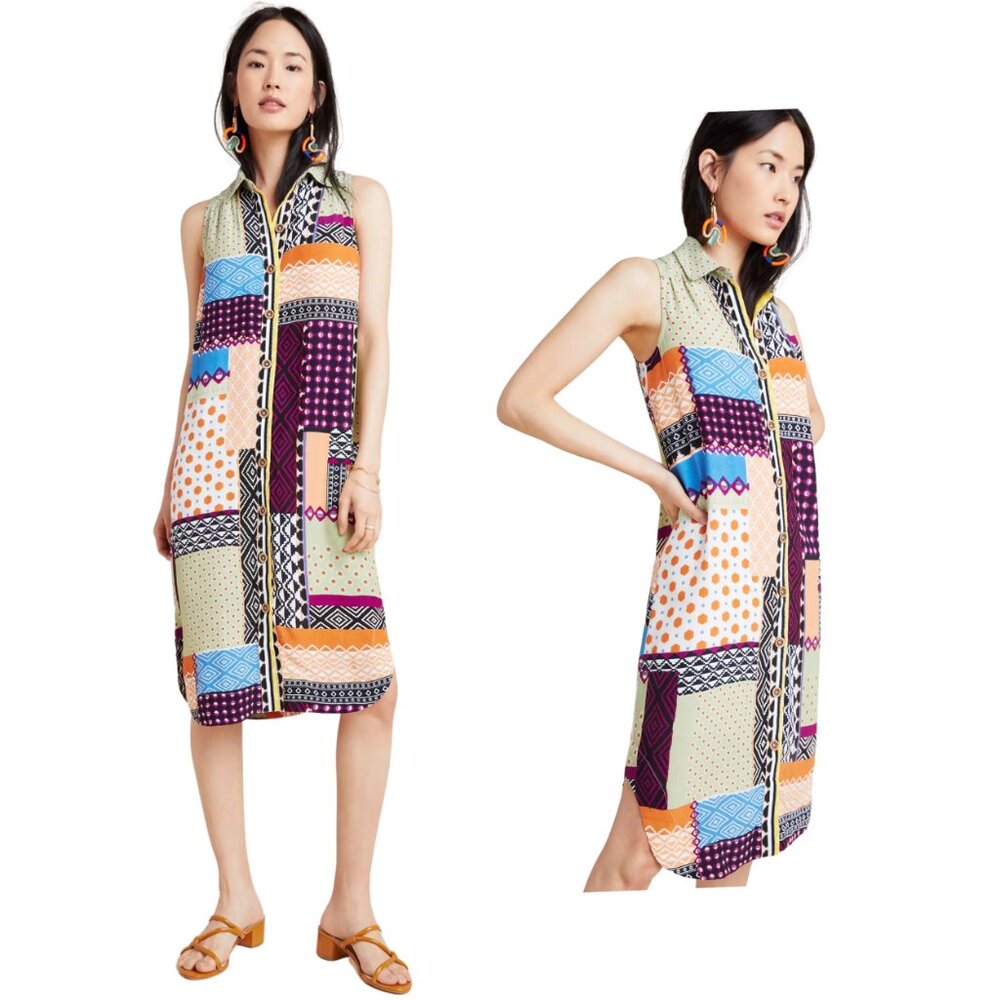 Anthropologie Maeve Everyway Patchwork Dress Shirt Dress Sleeveless Mixed Print